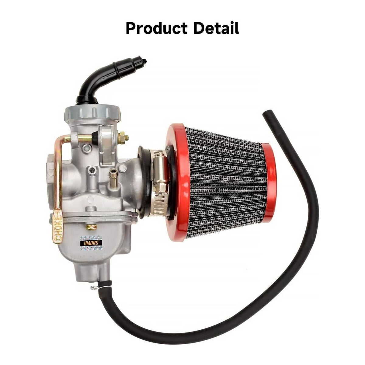 Carburetor with red air filter element and black intake hose, product detail view.
