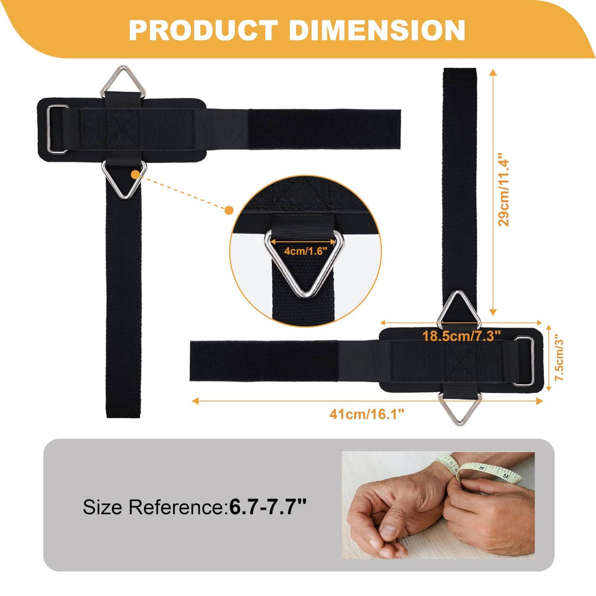 Black wrist strap set with adjustable length, triangle buckle and metal rings