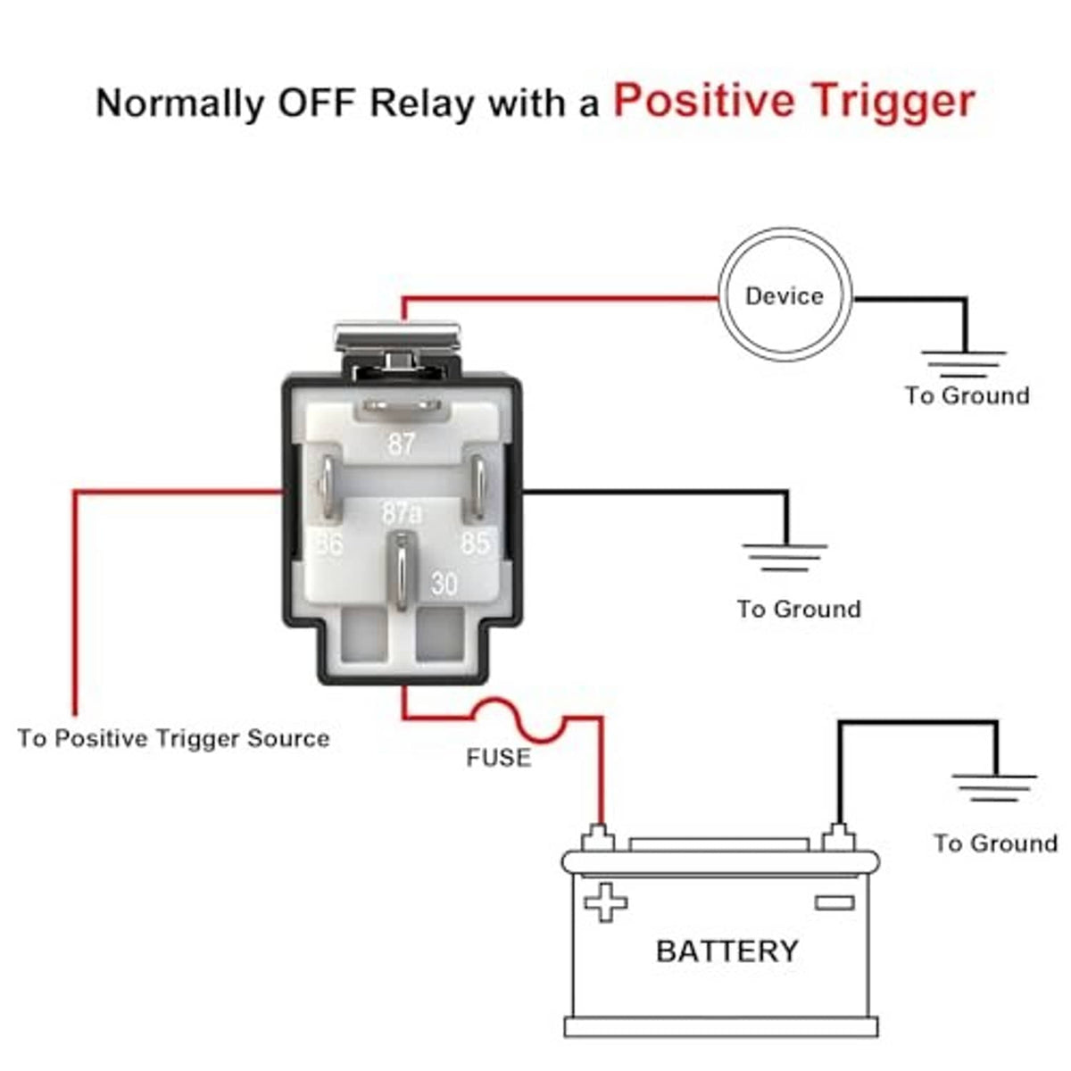 Normally off relay with positive trigger wiring diagram showing fuse and battery connections