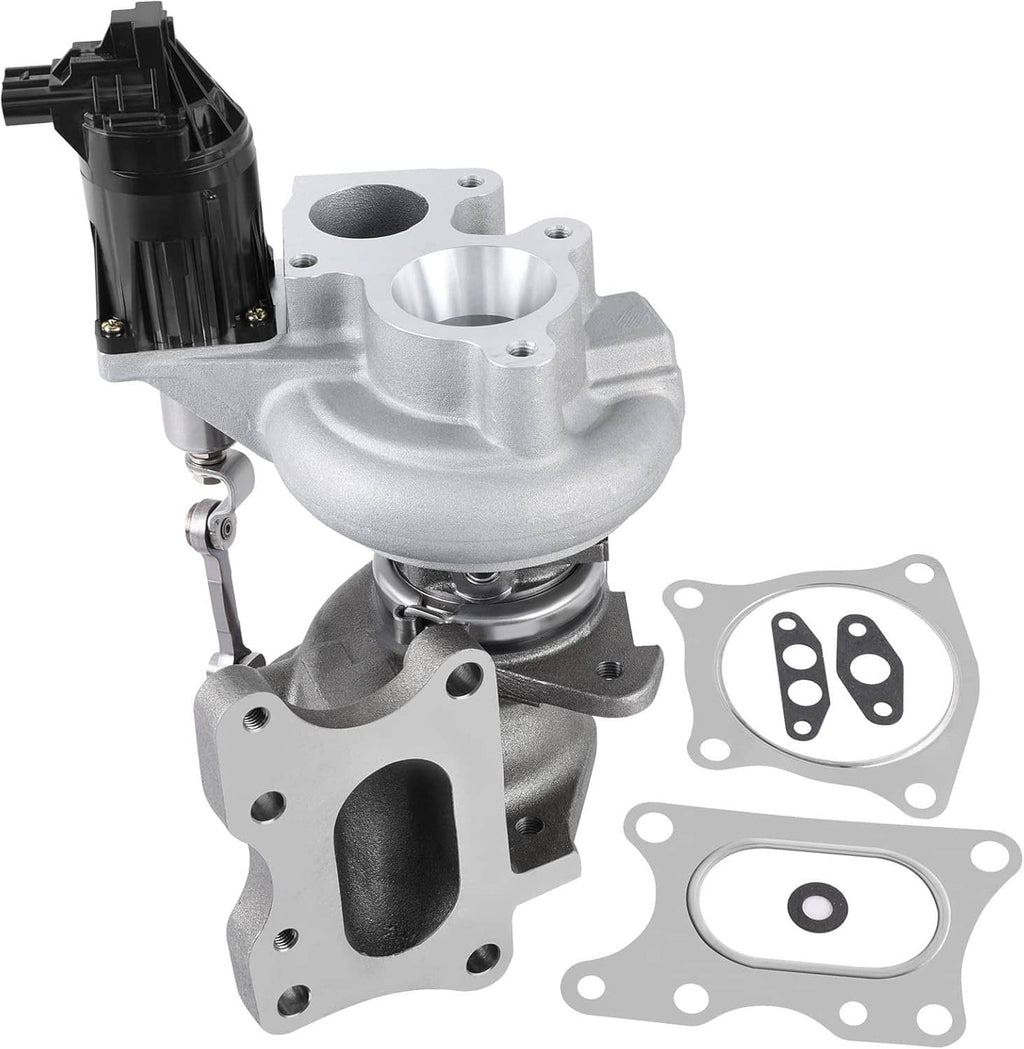 Turbocharger with silver housing, black electrical connector, and mounting flanges