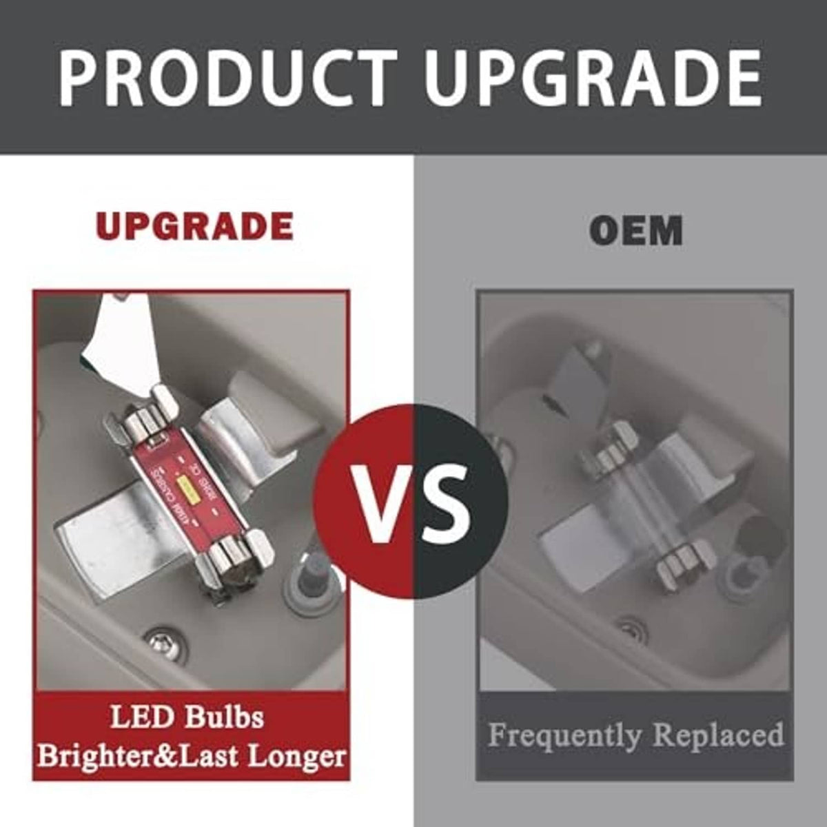 Dome map LED reading light upgrade graphic comparing LED bulbs vs OEM parts