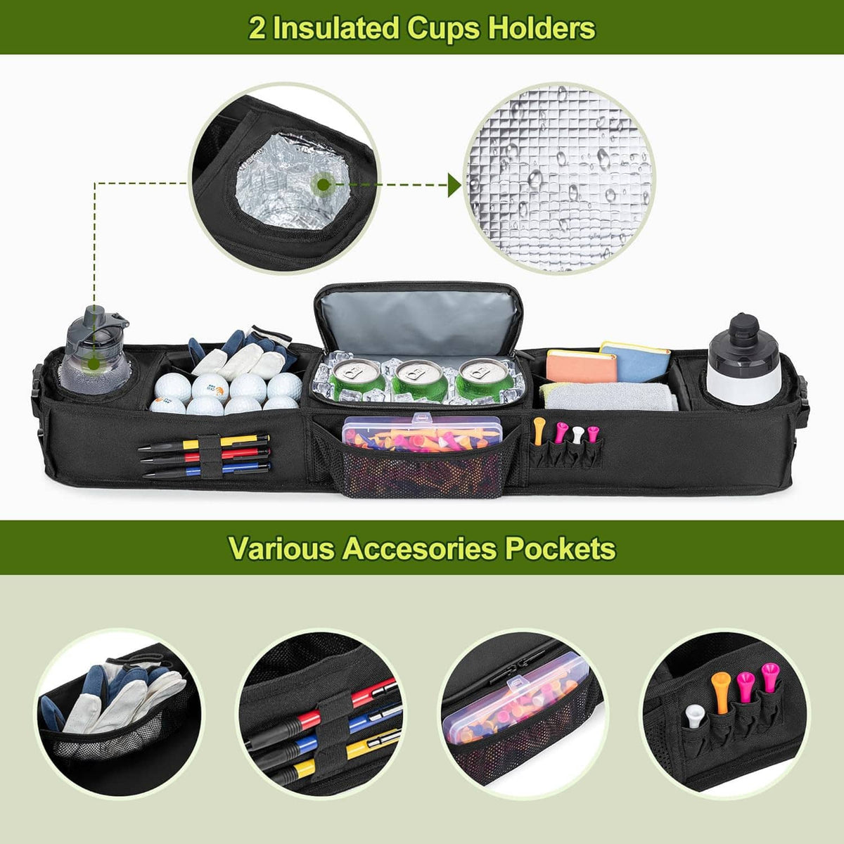 Black insulated golf cart front storage basket with cup holders and multiple accessory pockets
