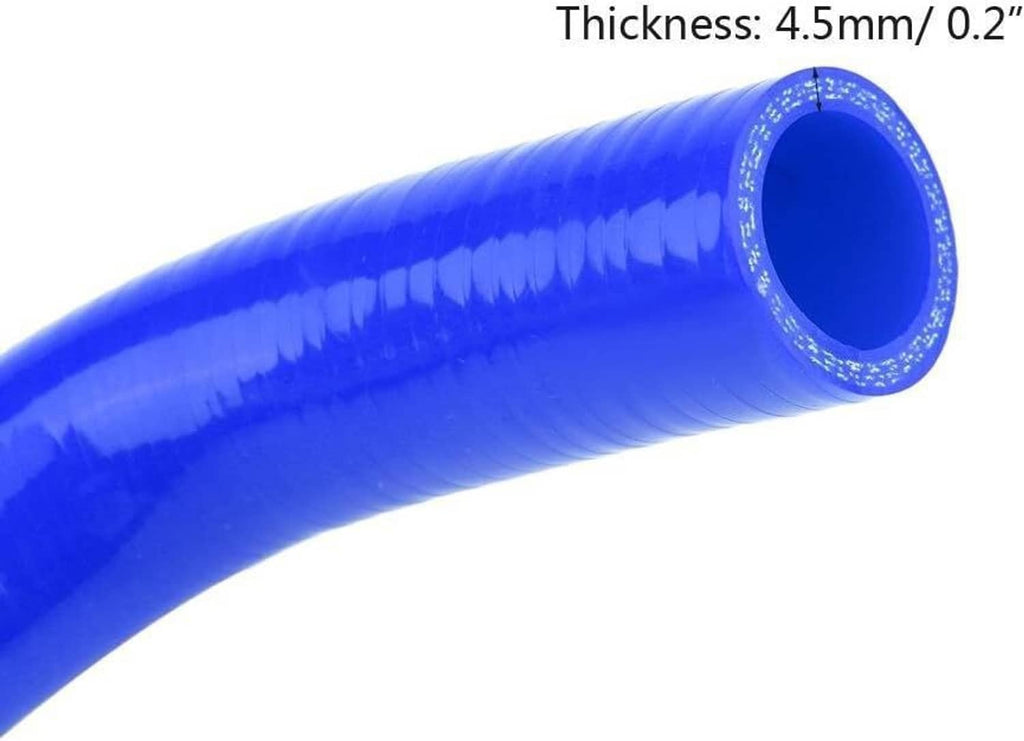 Blue silicone radiator hose, curved section with embossed thickness marking.