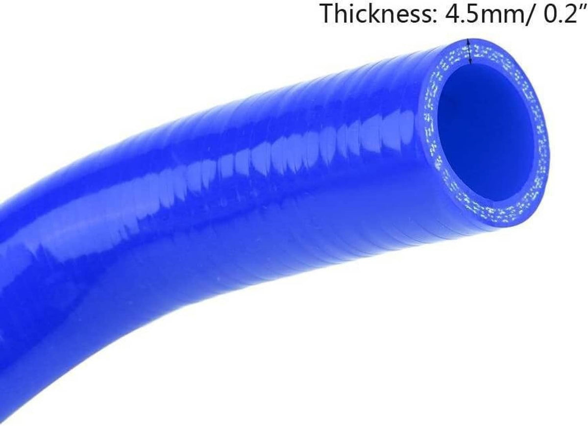 Blue silicone radiator hose, curved section with embossed thickness marking.
