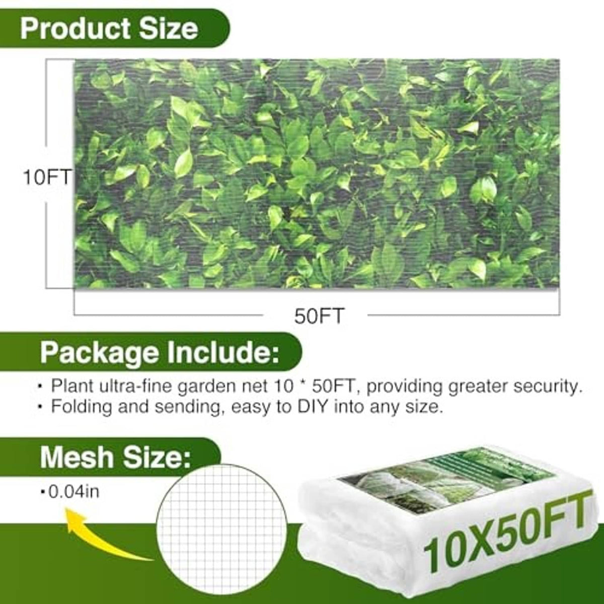 Garden mesh netting barrier, size chart view for 10ft by 50ft coverage