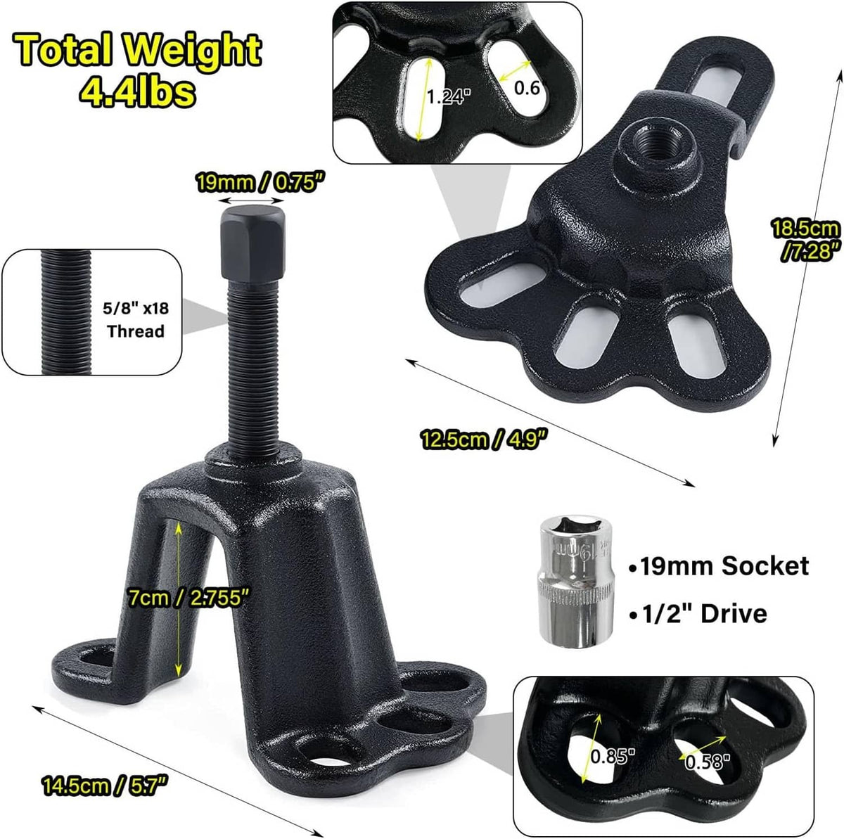 Universal wheel bearing puller with threaded rod, fork clamp, and 19mm socket