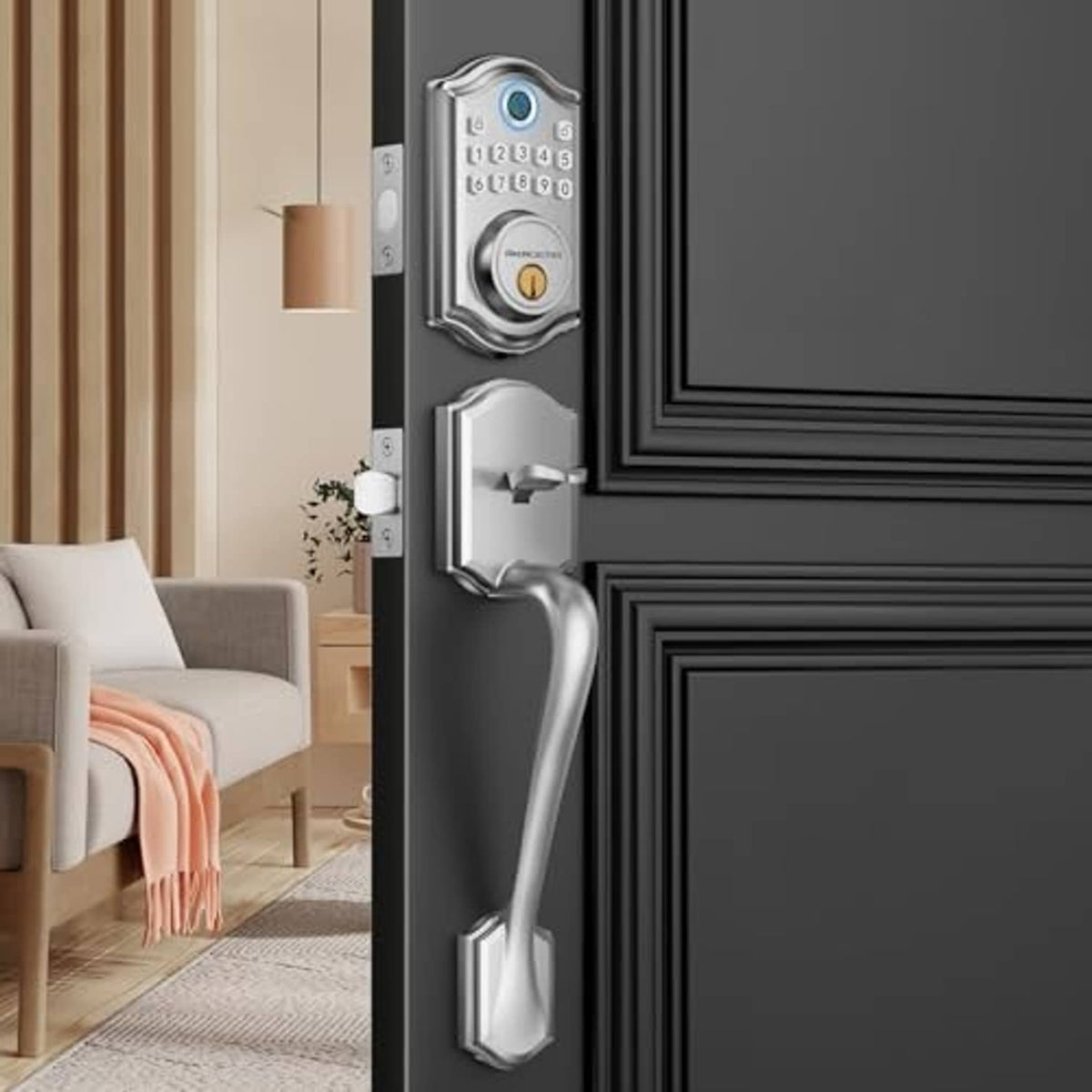 Keyless keypad door lock with satin nickel lever handle set on dark door