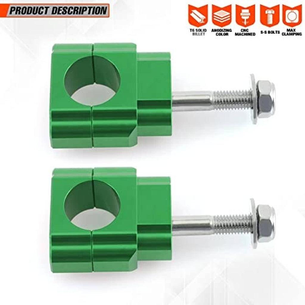 Green handlebar riser clamp with central bore and long threaded chrome bolt, two shown