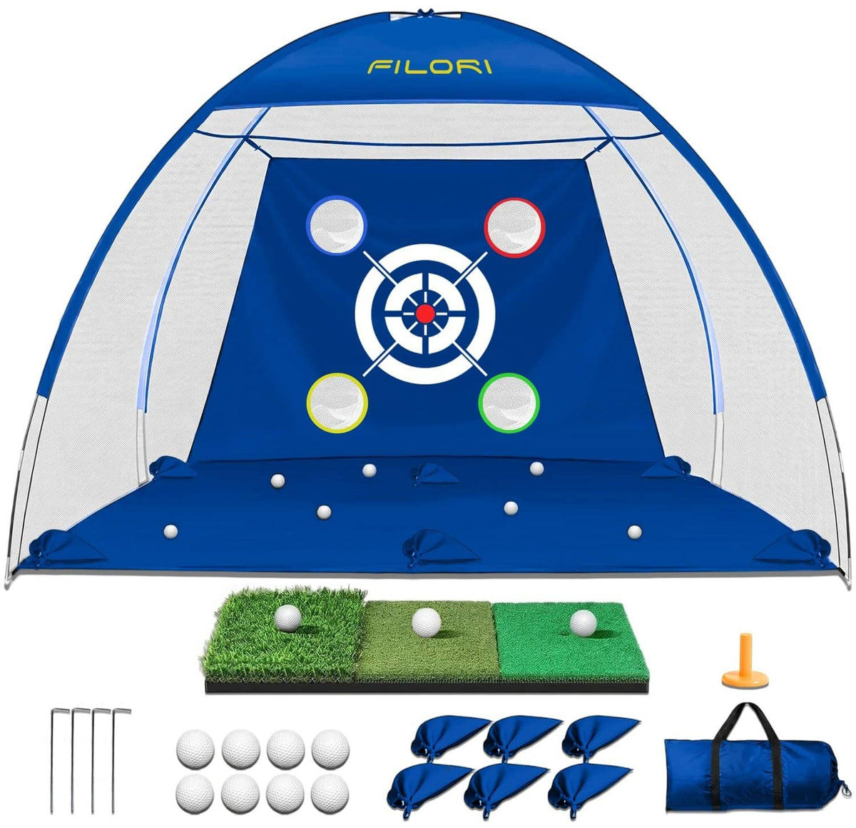 RivetOak FILORI Golf Practice Net 10x7FT with Tri-Turf Mat, 4-Hole Target Cloth, Blue