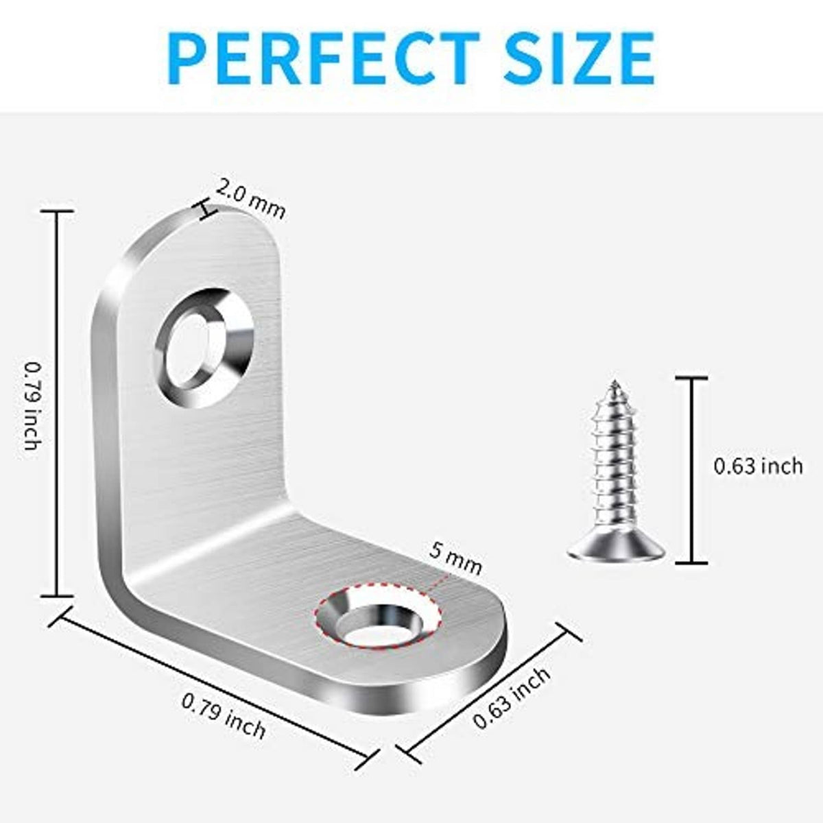 Stainless steel L corner bracket with measured dimensions for screw and base holes