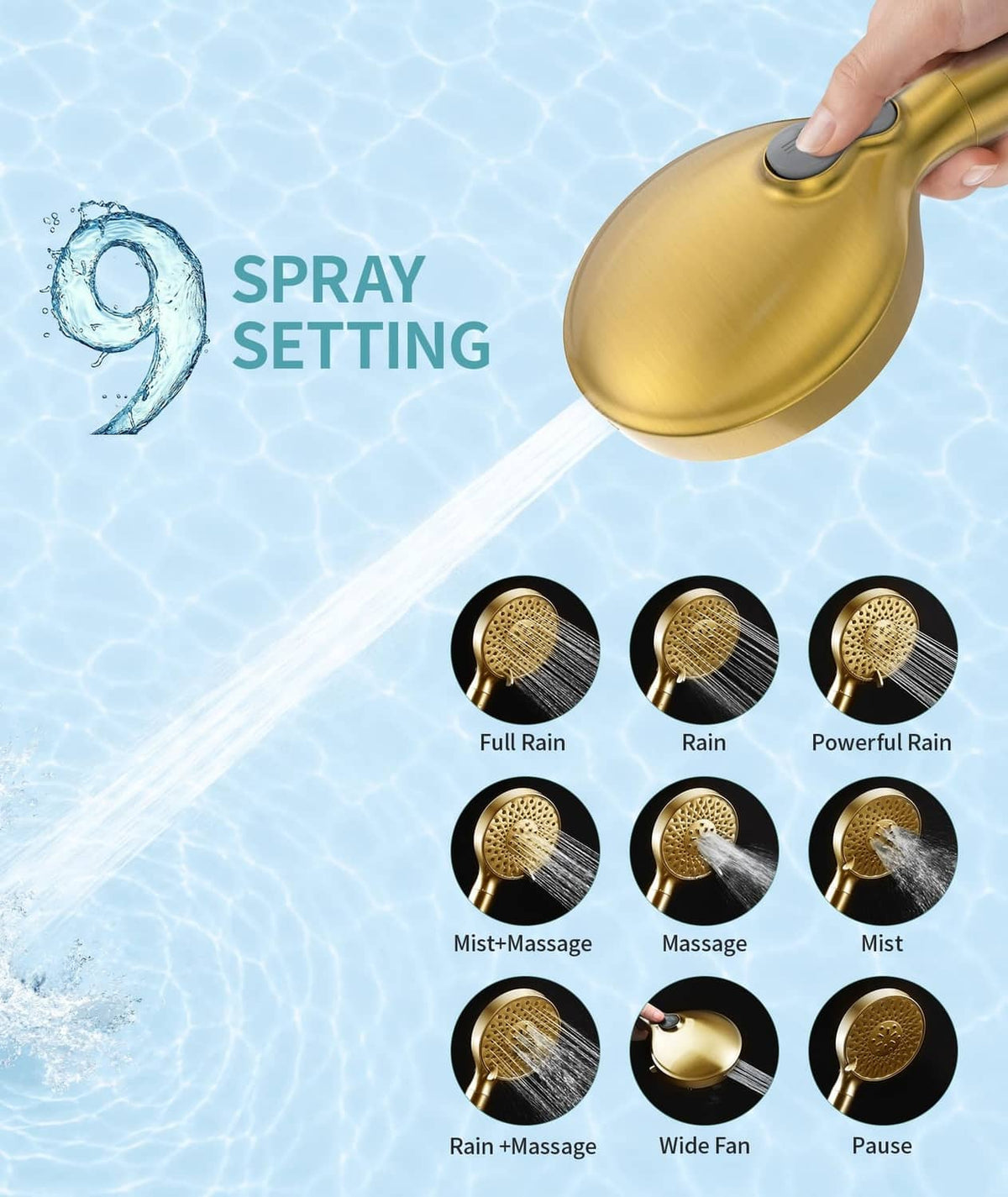 Brushed gold handheld showerhead with multiple spray pattern options