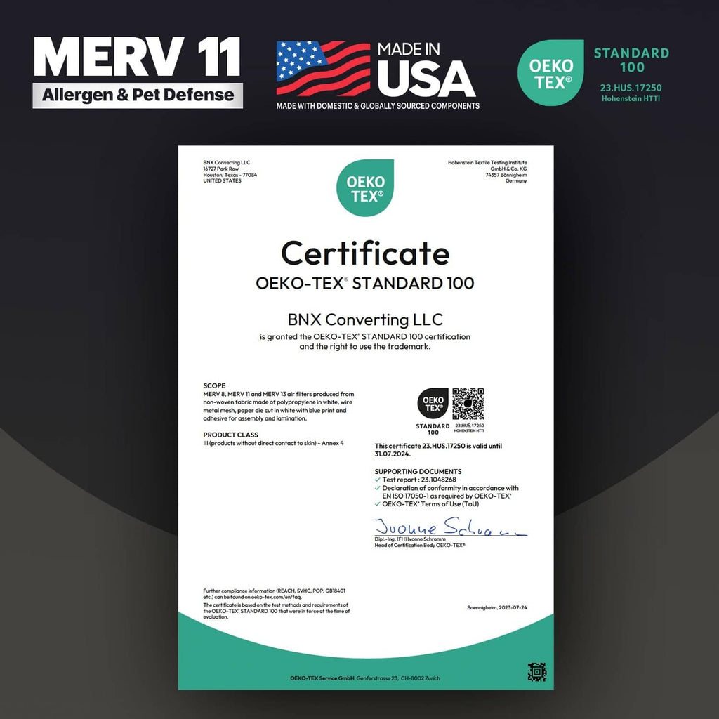 BNX TruFilter MERV 11 air filter certificate, Oeko-Tex Standard 100.