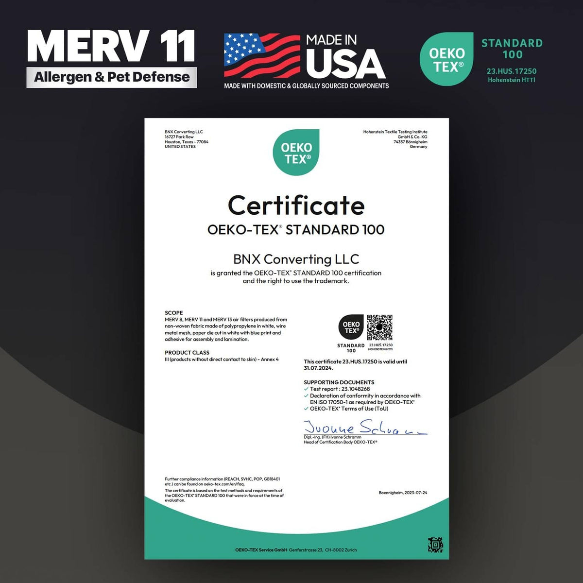 BNX TruFilter MERV 11 air filter certificate, Oeko-Tex Standard 100.