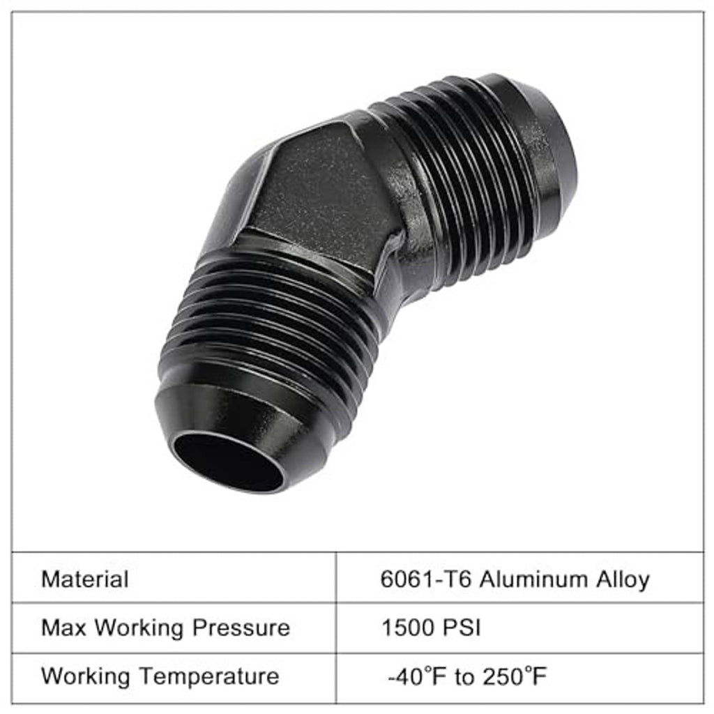 Black 45-degree AN elbow flare union fitting, male inlet and outlet with threads