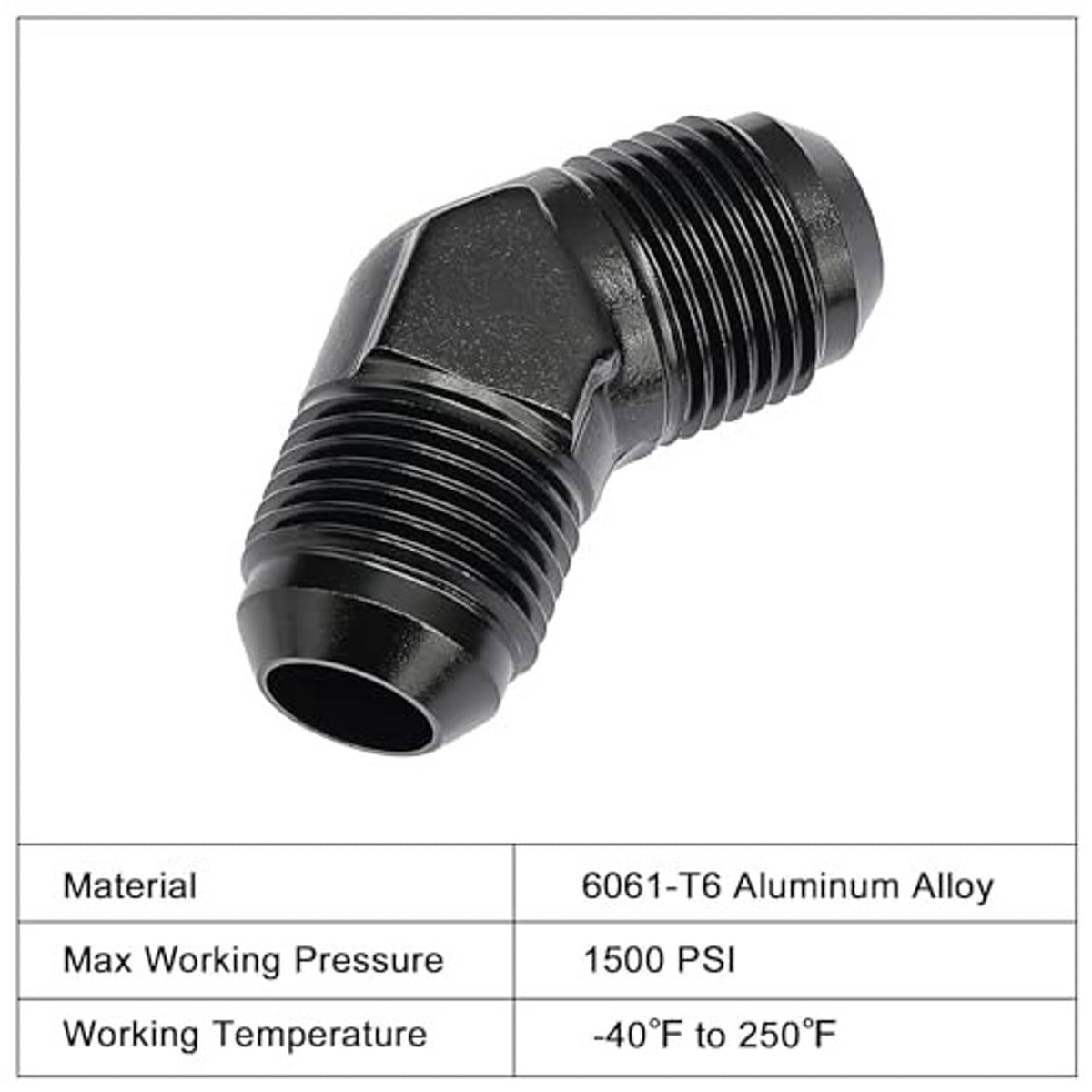 Black 45-degree AN elbow flare union fitting, male inlet and outlet with threads