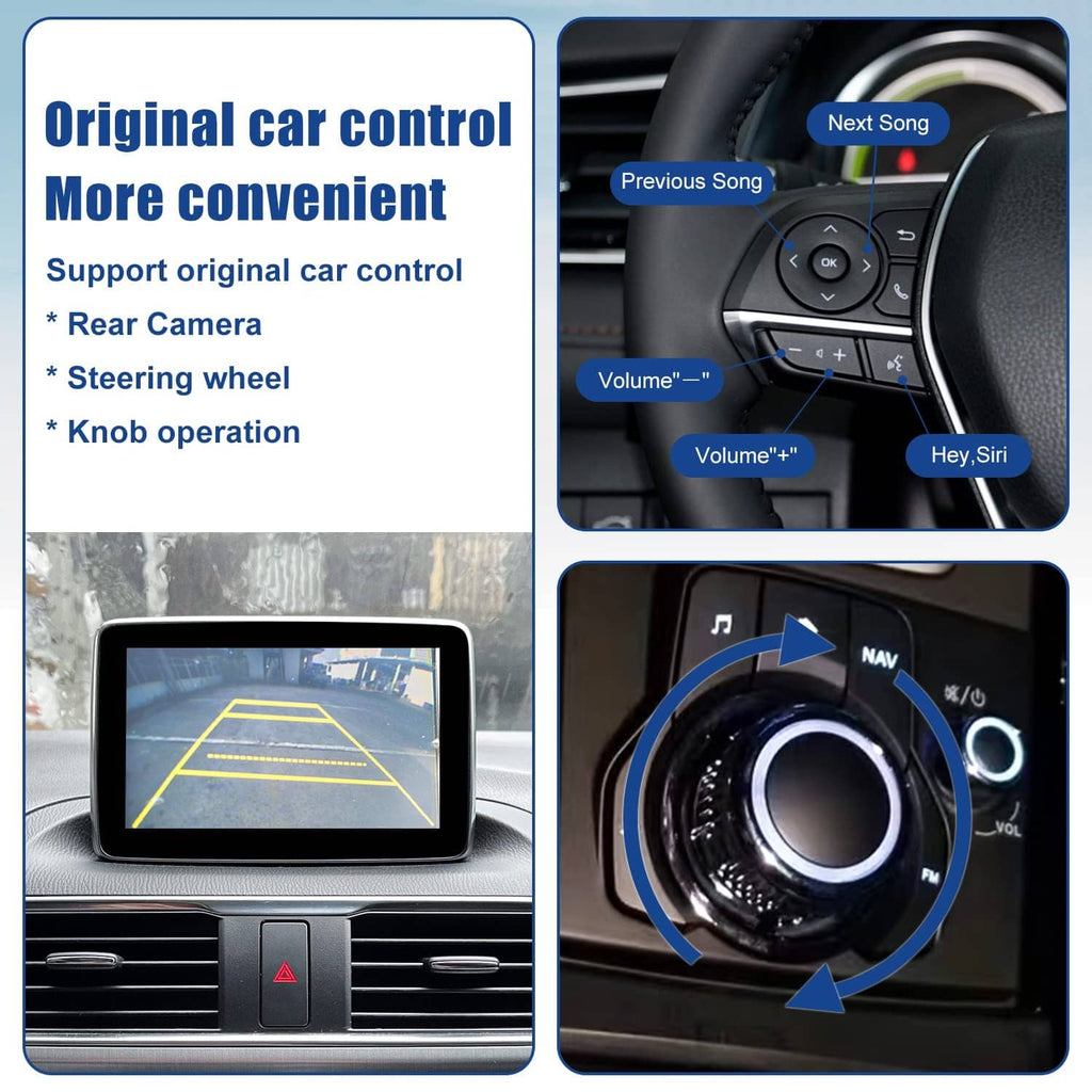 Original car control feature collage with steering wheel controls and navigation view