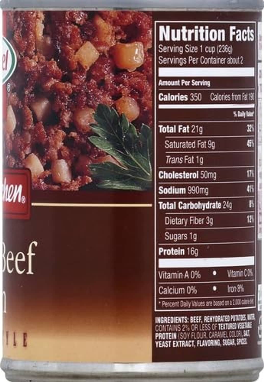 Roast beef hash canned food can back with Nutrition Facts and ingredients panel