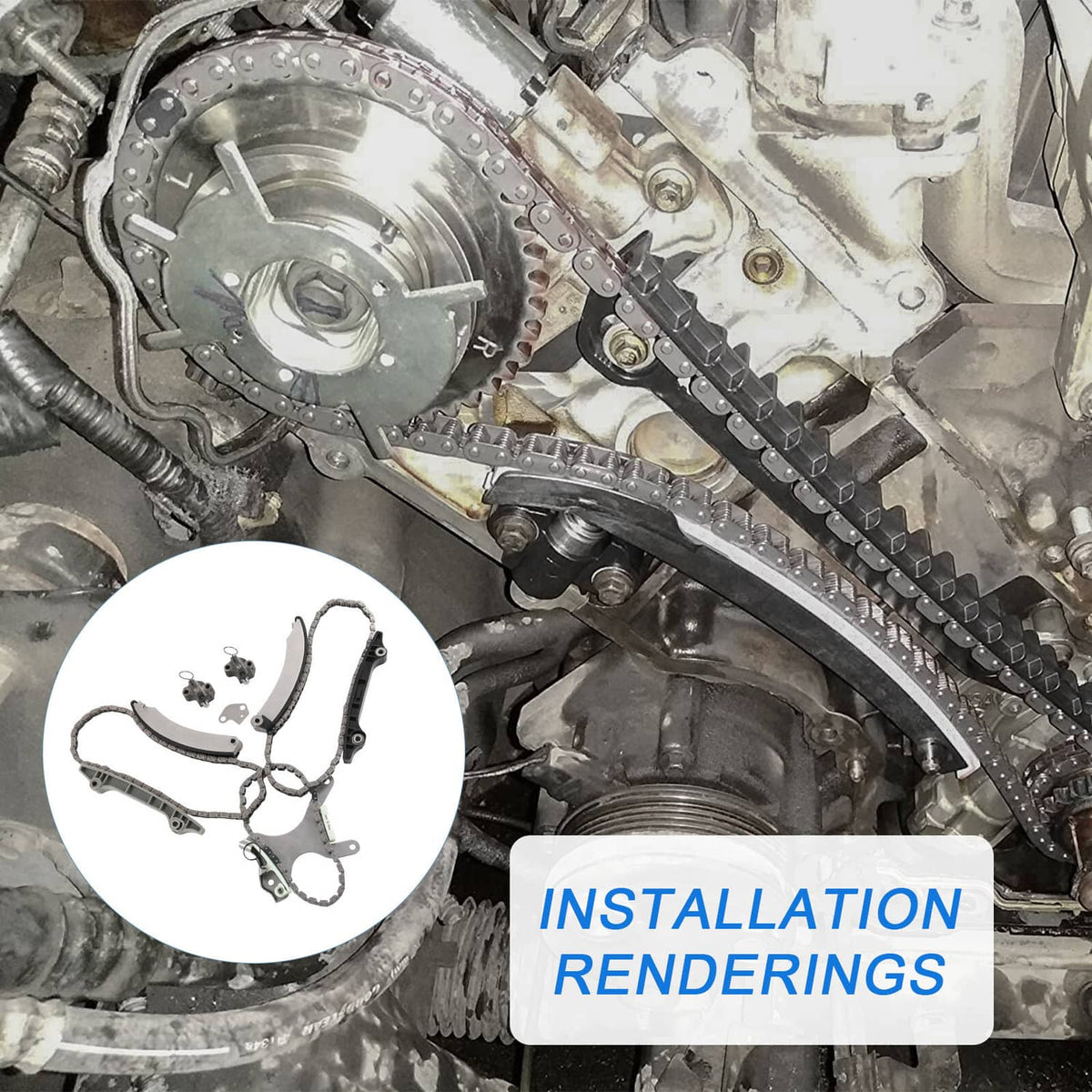 Installed timing chain system on engine with chain, sprockets, and guide rail