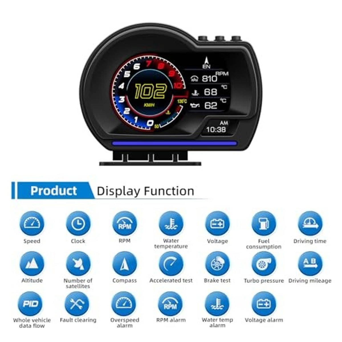 Black OBD2 GPS HUD smart gauge with red/yellow speed dial and right-side metric panel