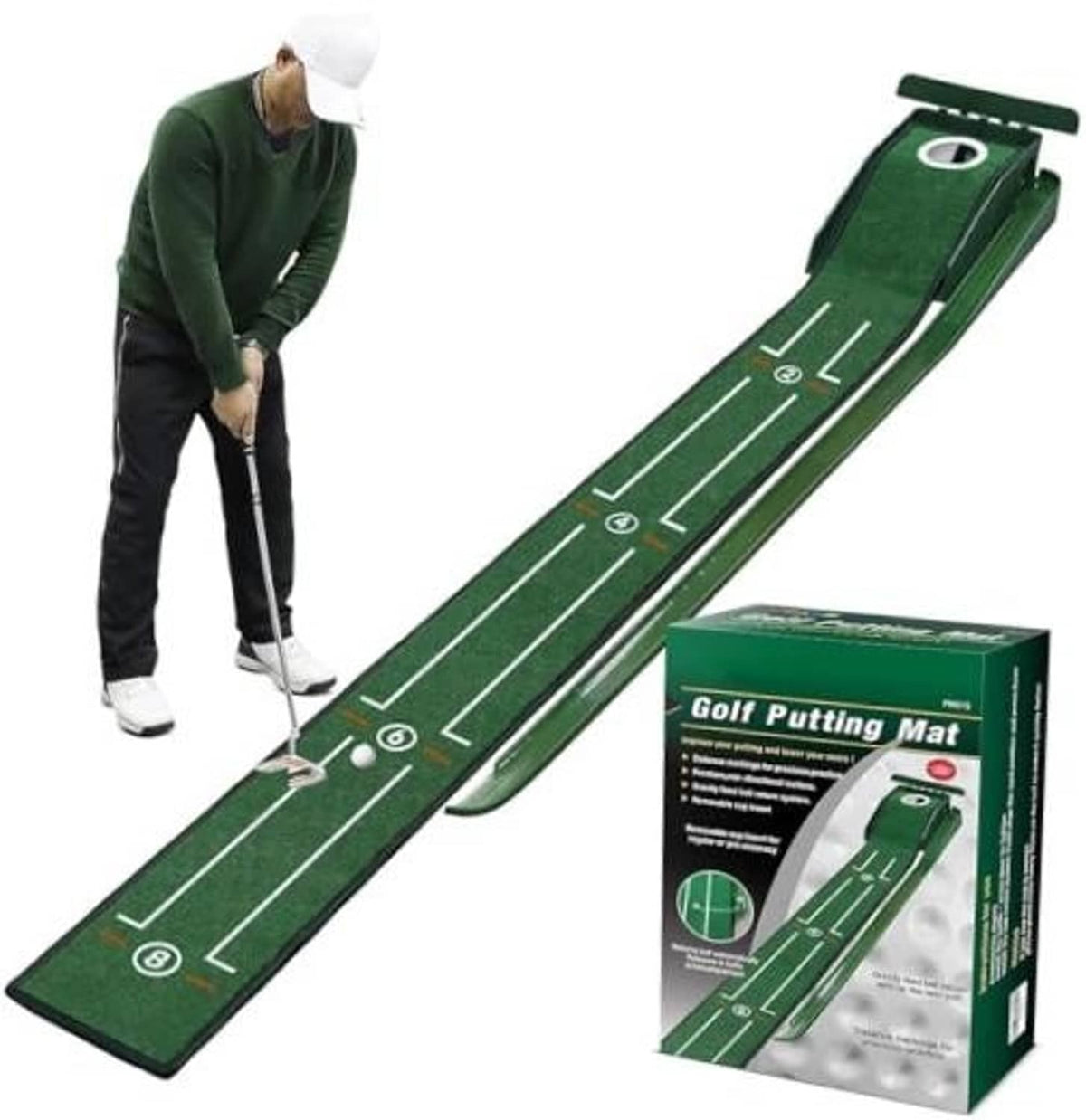 Green golf putting practice mat with ball return track and alignment guide lines