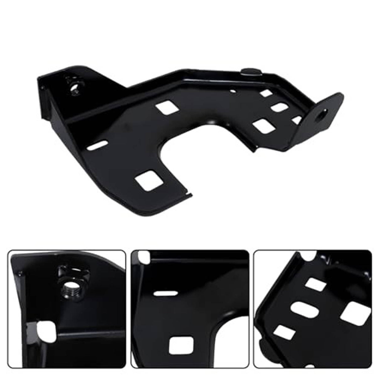 Black front bumper bracket retainer with curved center opening and mounting hole cutouts