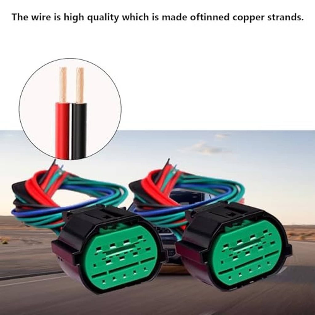 14-pin headlight wiring harness pigtail pair with green plugs and high-quality copper wire