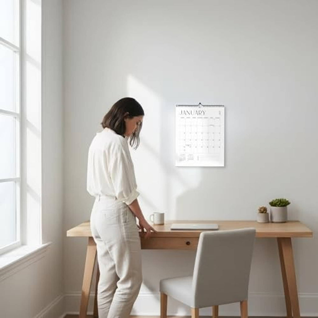 January wall calendar with spiral binding on a light wall above a wooden desk