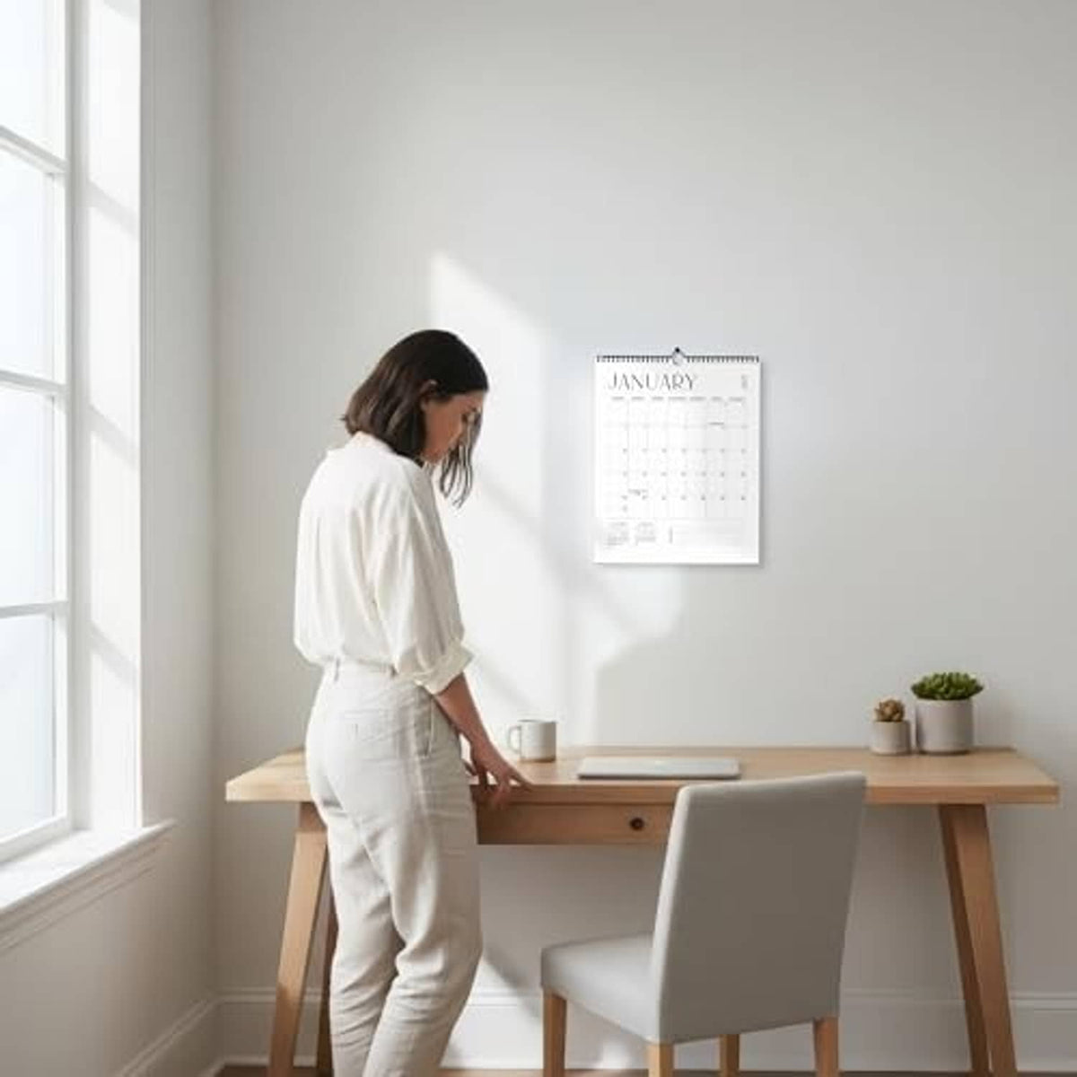 January wall calendar with spiral binding on a light wall above a wooden desk