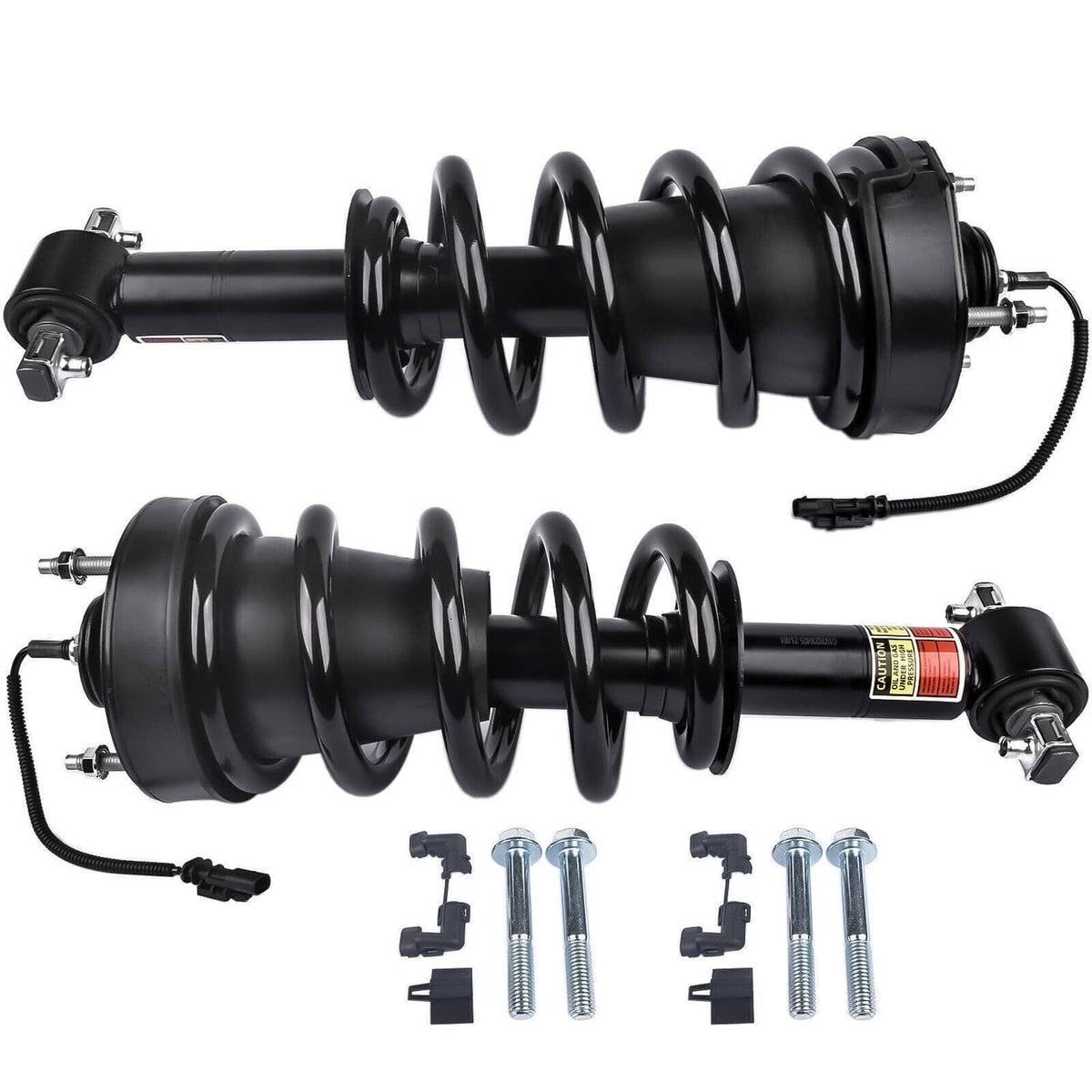 Pair of black shock struts with coil springs and sensor wiring, hardware included