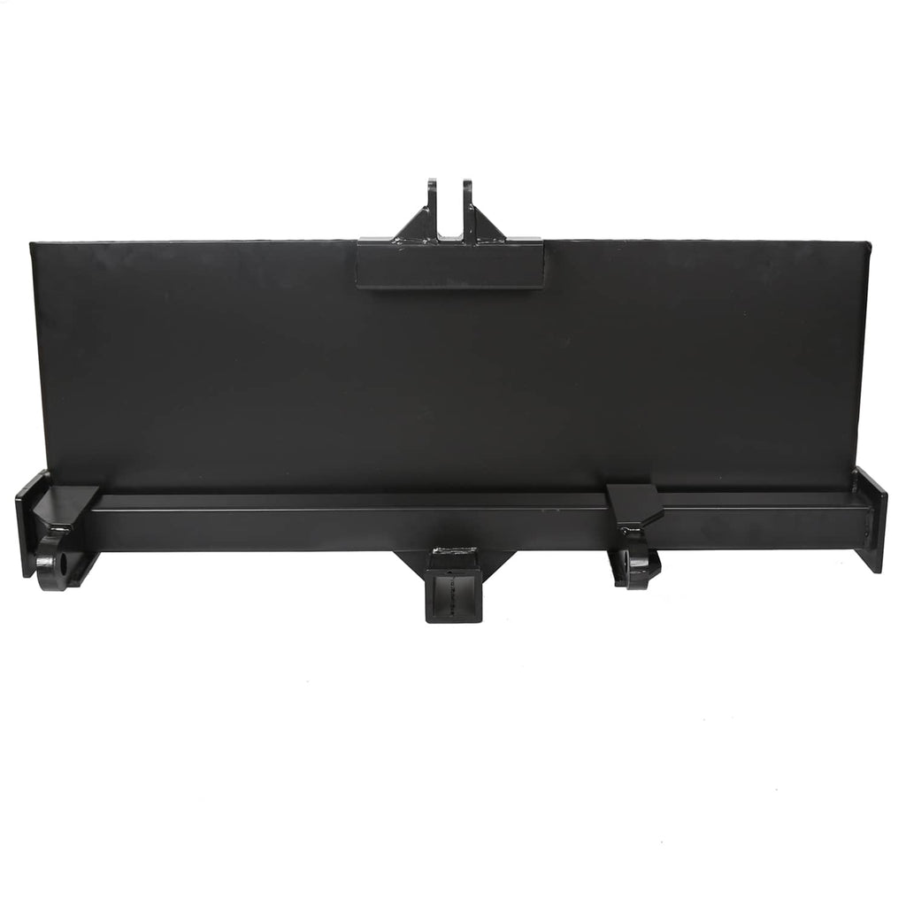 Black steel attachment adapter hitch, rear view with central hitch and side brackets