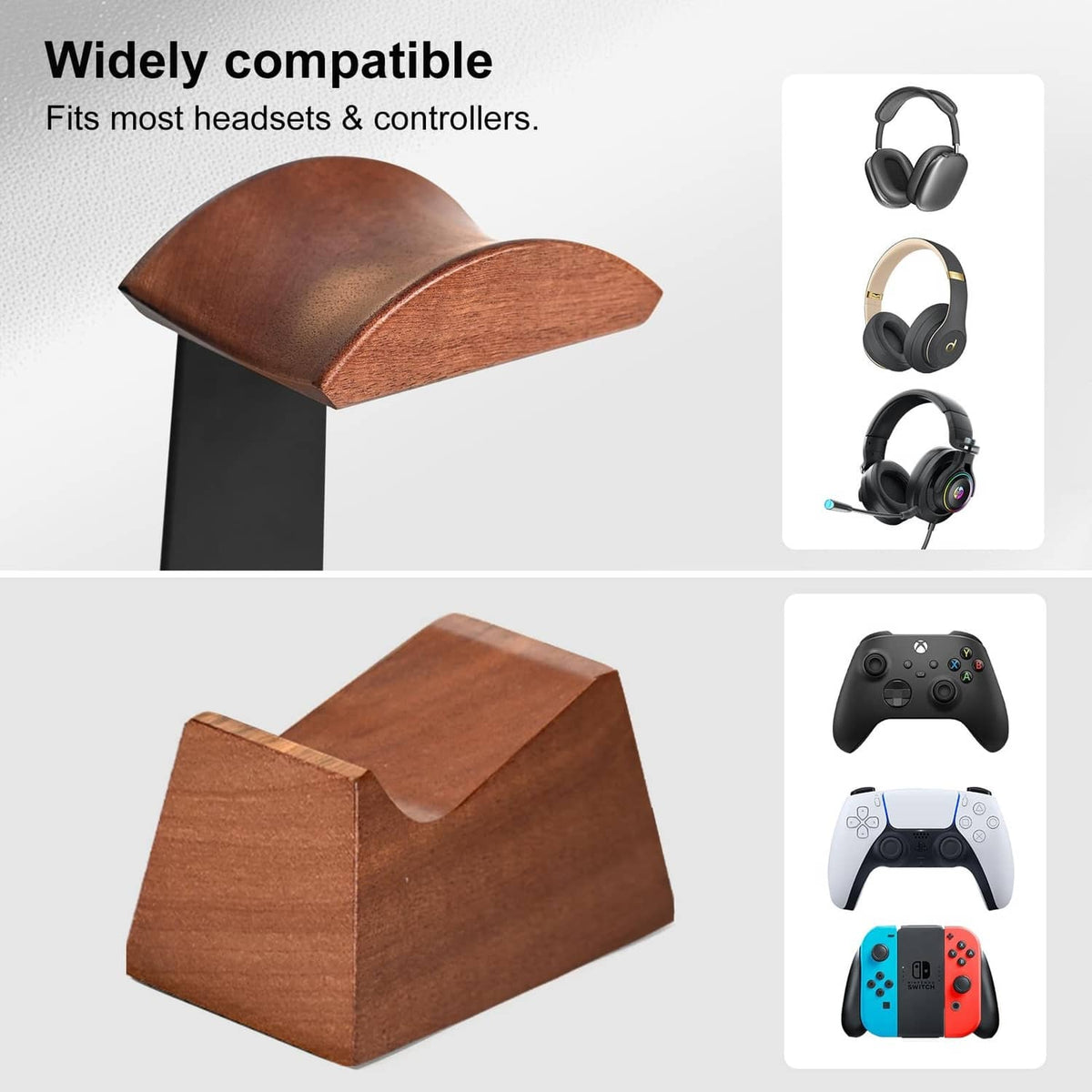 Wood headphone stand with black post and two controller holders on a wide base