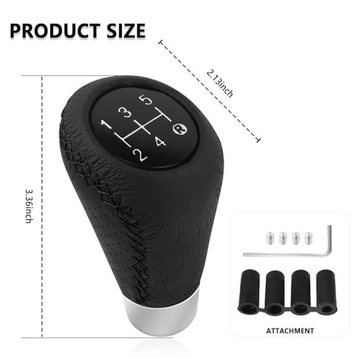 Black textured leather 5-speed gear shift knob with silver base; includes attachment pieces