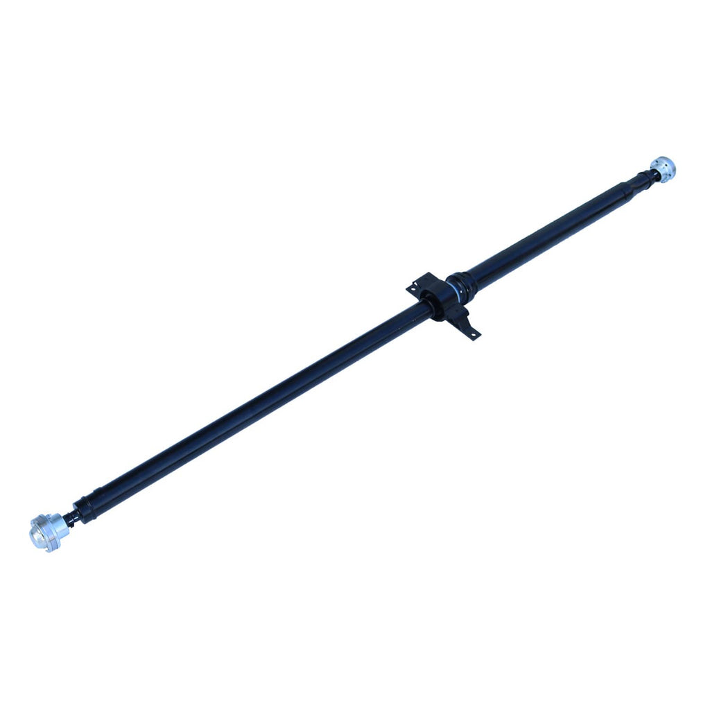 Rear driveshaft prop shaft assembly angled view with center support mount and end flange