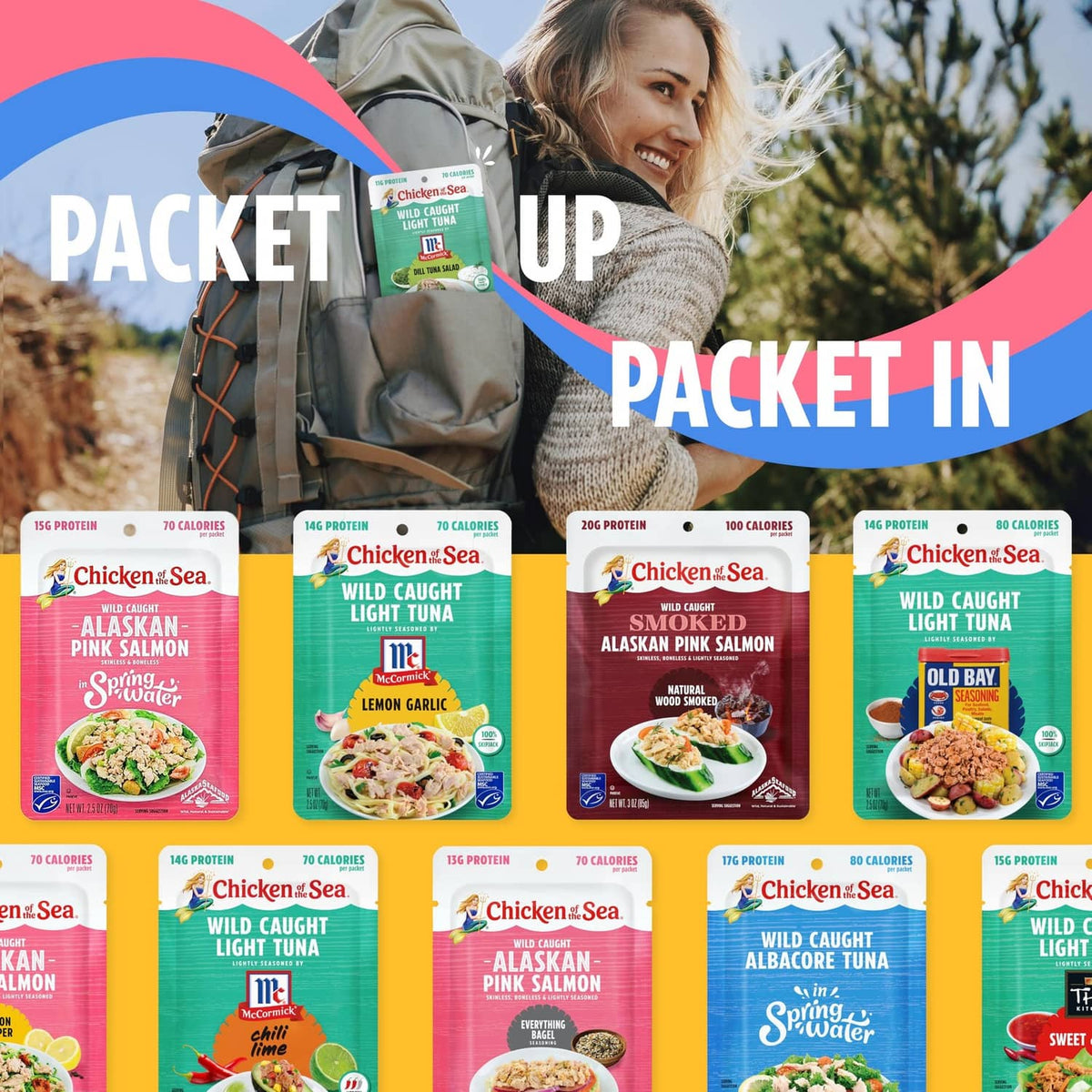 Variety pack of Chicken of the Sea pouches arranged in rows