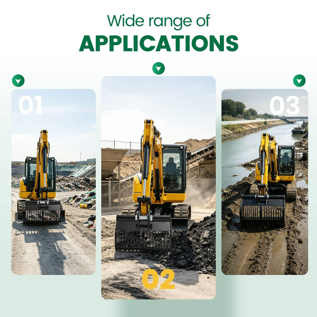 Mini excavators fitted with black screening skeleton bucket attachments for site use