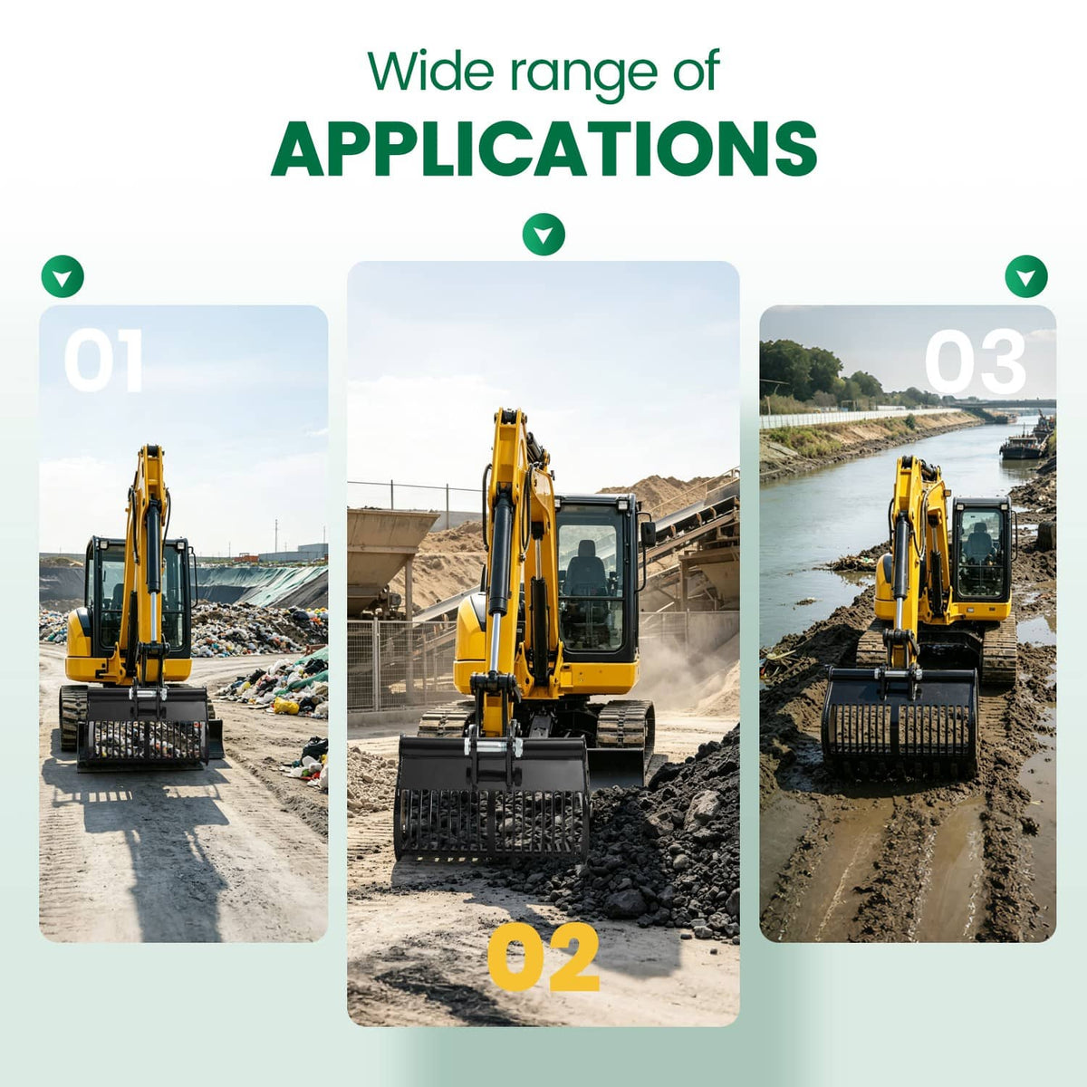 Mini excavators fitted with black screening skeleton bucket attachments for site use