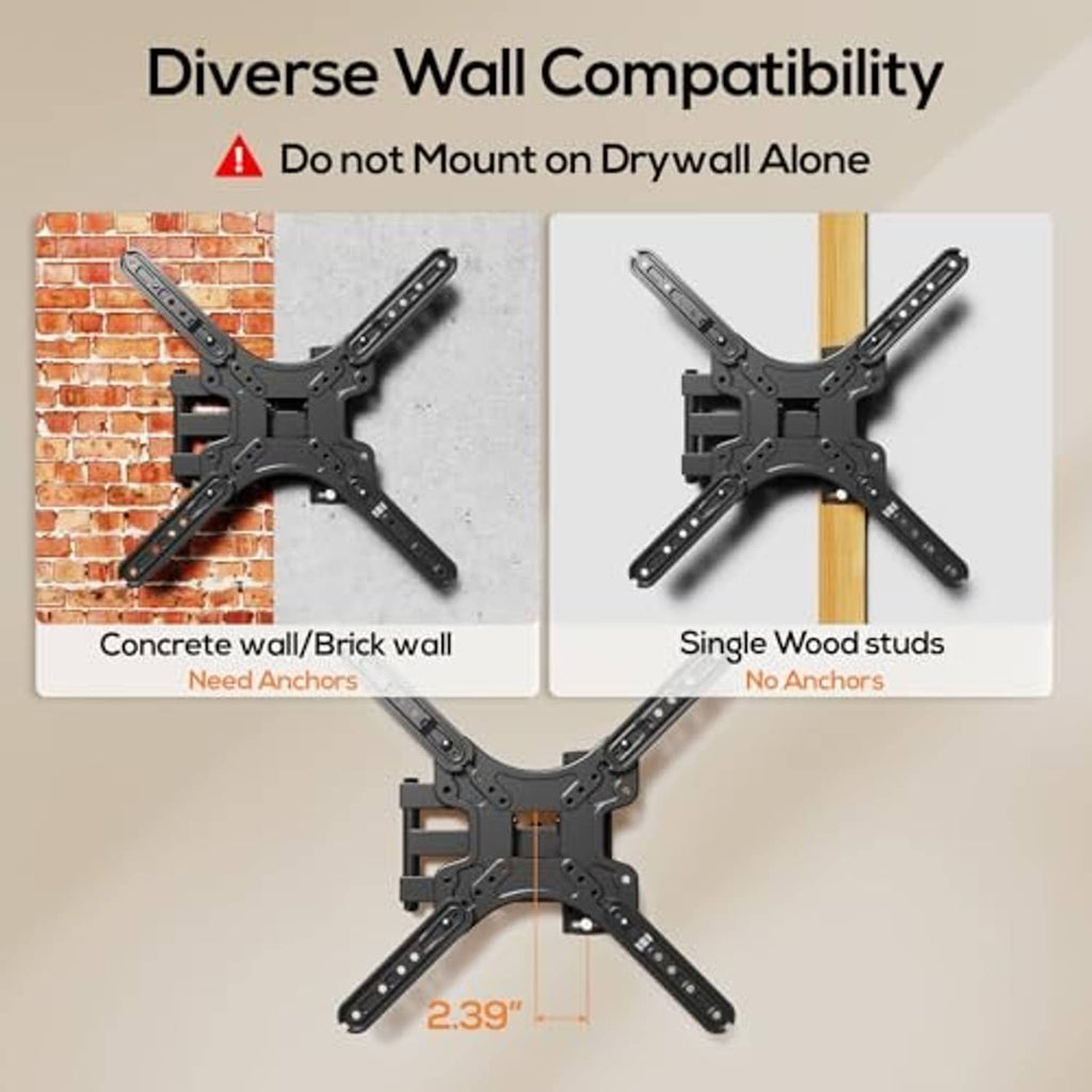 Black corner TV mount bracket with mounting holes and cross-arm support