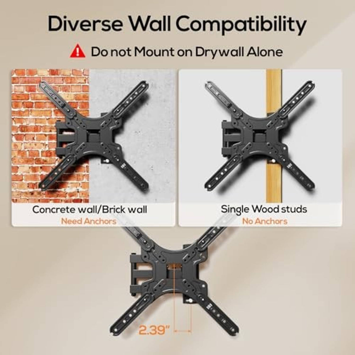 Black corner TV mount bracket with mounting holes and cross-arm support