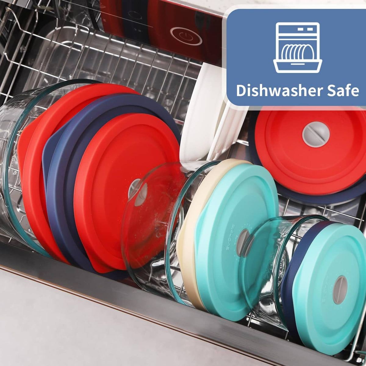 Replacement lids in a dishwasher rack, including a dark blue lid with date knob