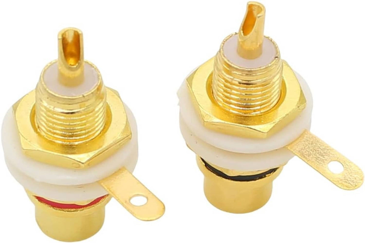Gold-plated RCA panel-mount audio sockets with white insulators and mounting tabs, angled view