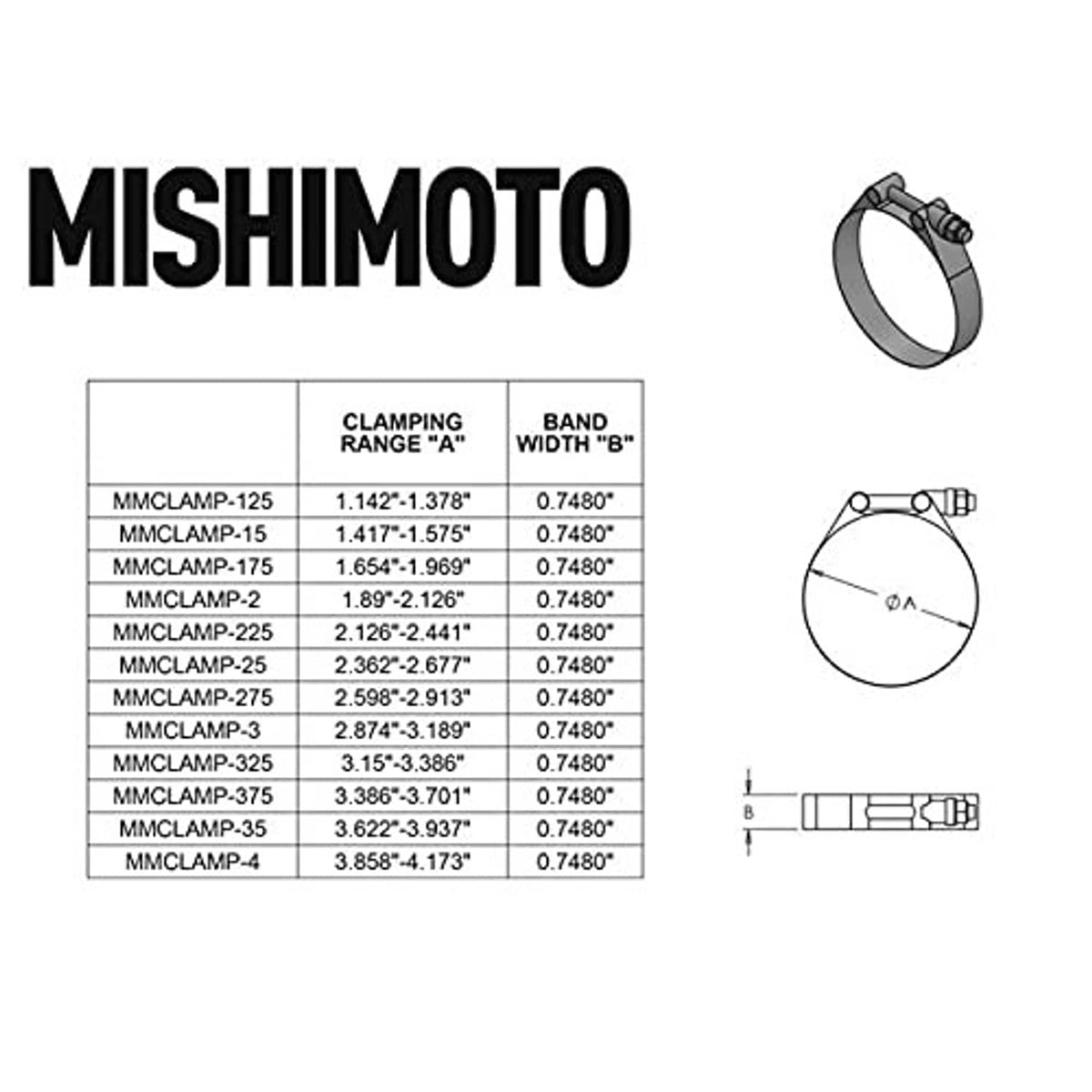 T-bolt clamp size chart with band diameter range table and diagram