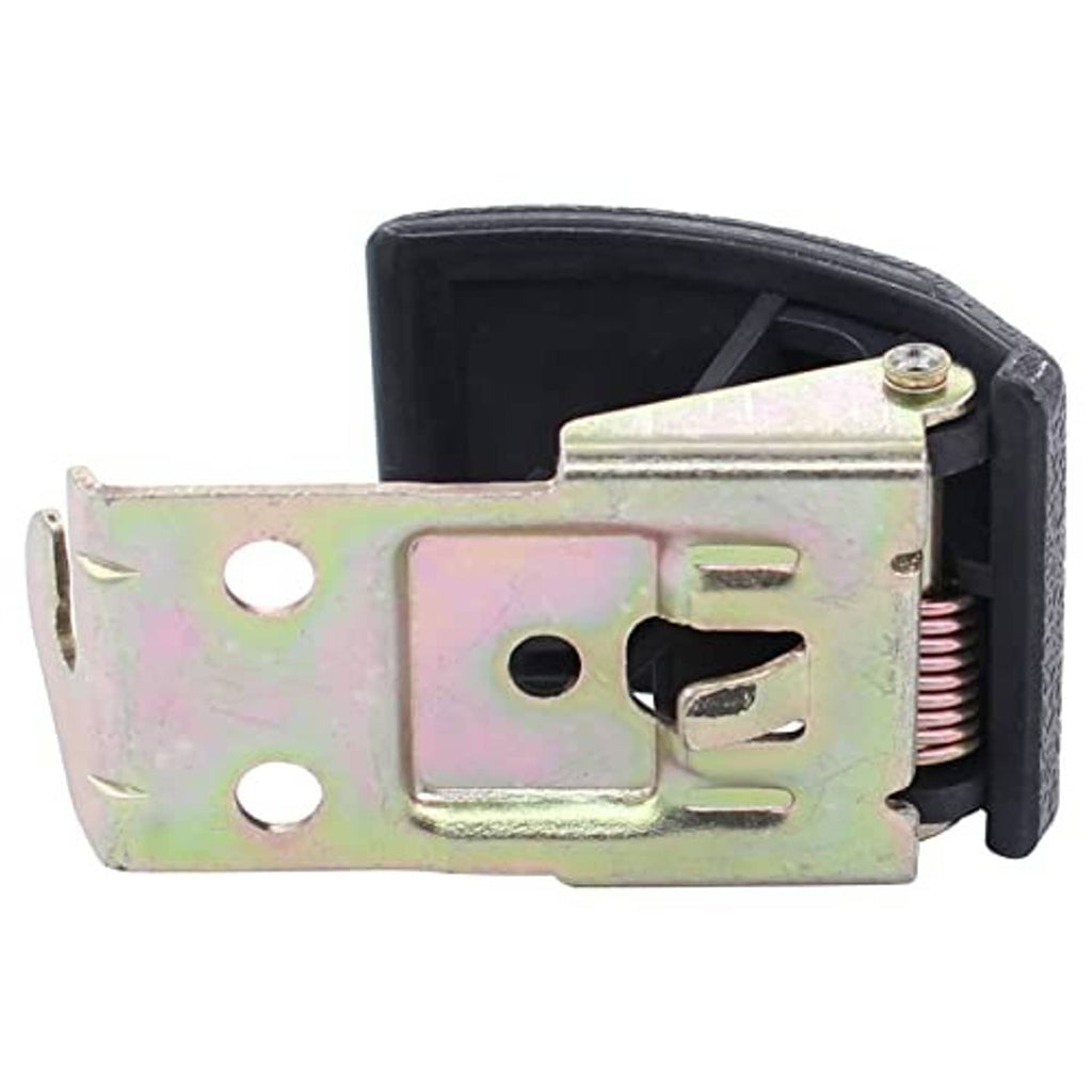 Hood lock release handle with black cover, stamped metal bracket, and tension spring