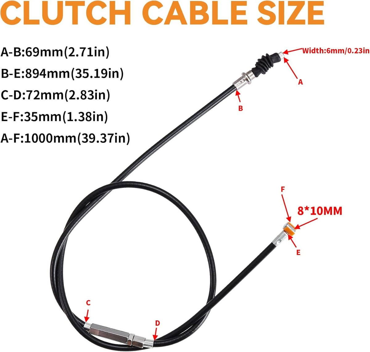 Clutch cable assembly with metal ends and adjustment hardware, black cable loop