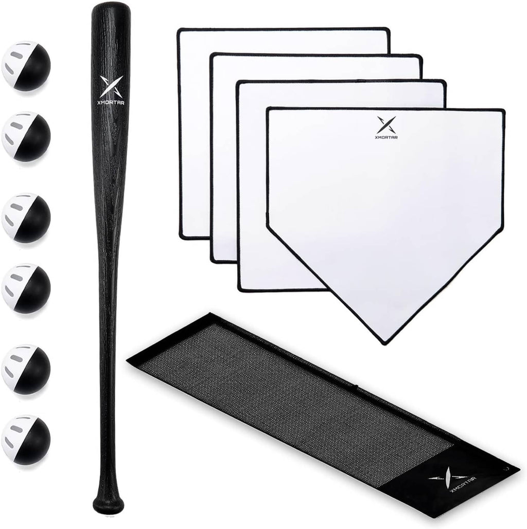 Plastic baseball bat set with black perforated balls and white target plates