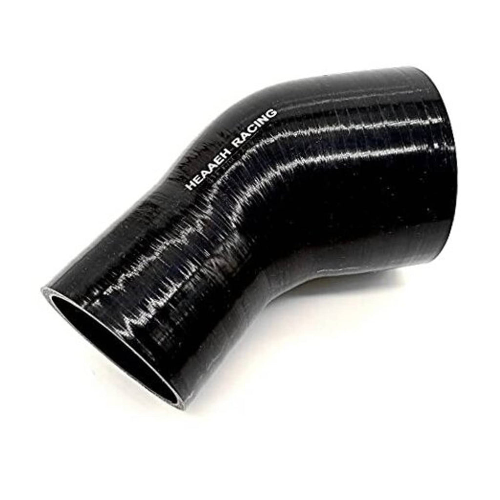 Black silicone hose elbow reducer, ribbed texture, “HEEAH RACING” logo, curved 90-style
