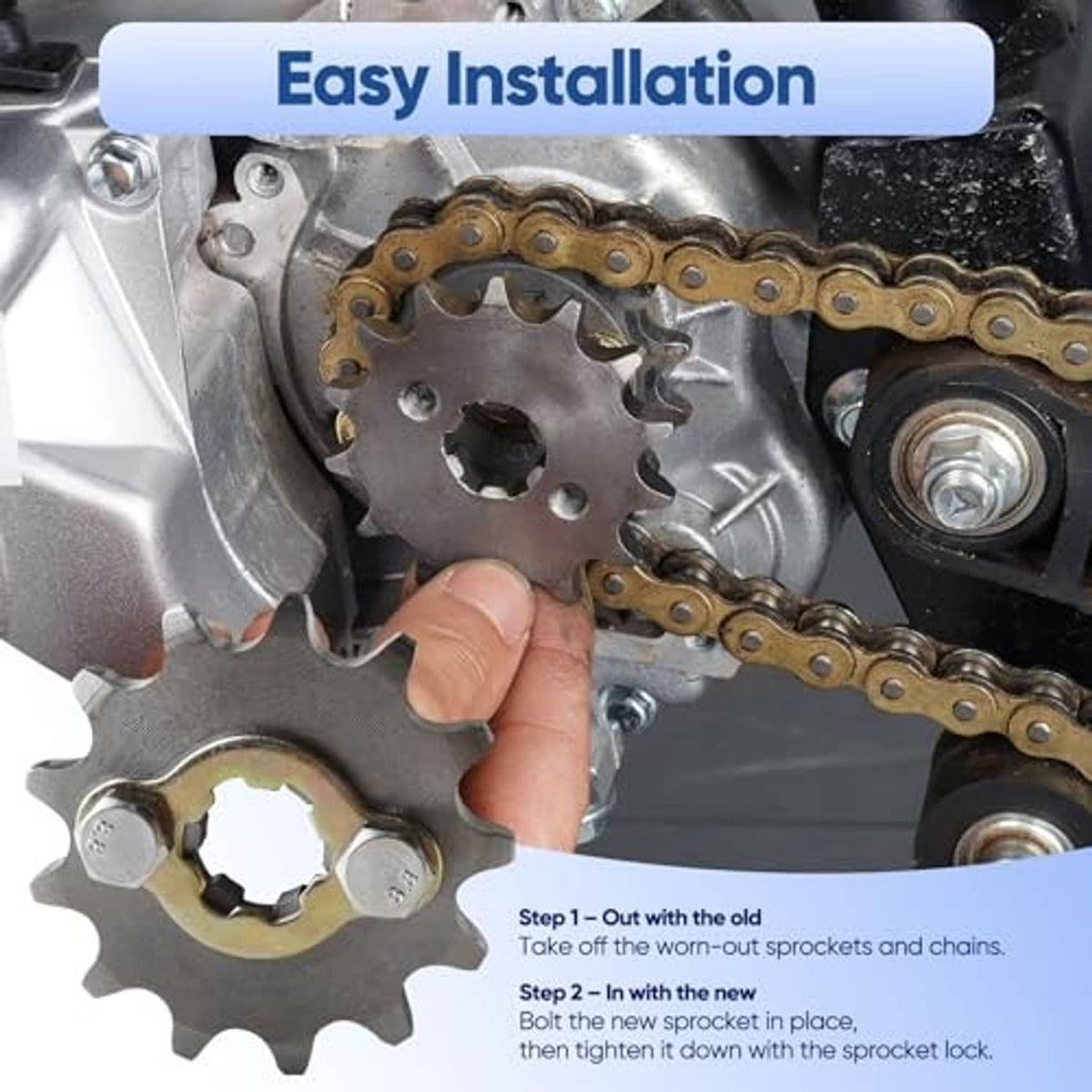 Front engine sprocket installation showing sprocket, chain, and wrenched hand tightening