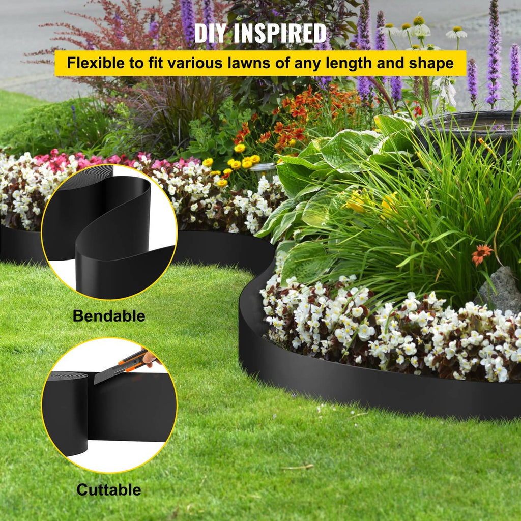 Black flexible garden edging strip, bendable and cuttable border for lawns