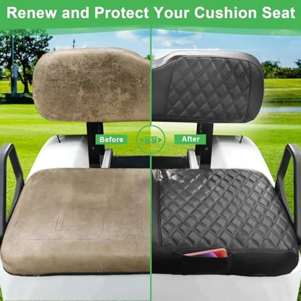 Renewed black diamond-quilted seat cover with contoured backrest and padded seat cushion