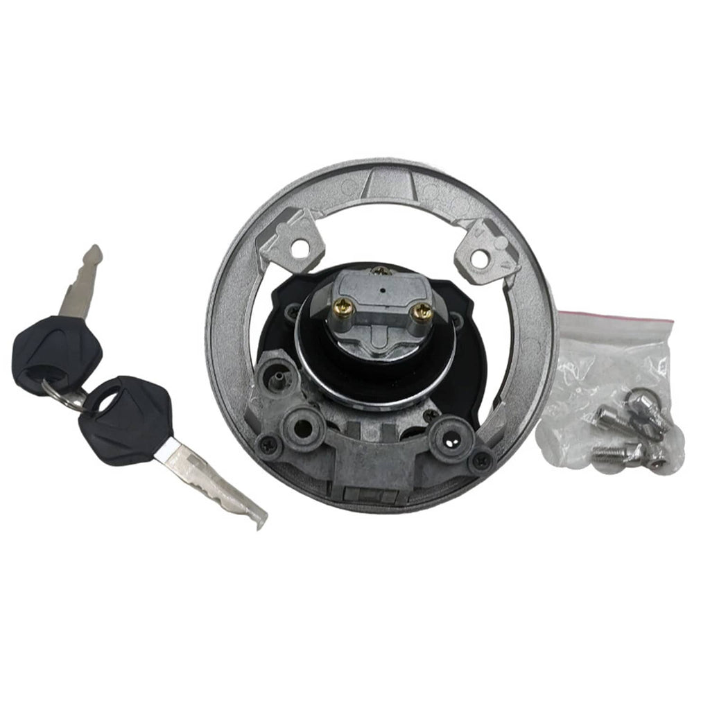 Fuel tank gas cap kit with keys, silver housing and black base with brass contacts