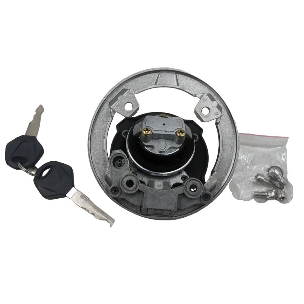 Fuel tank gas cap kit with keys, silver housing and black base with brass contacts